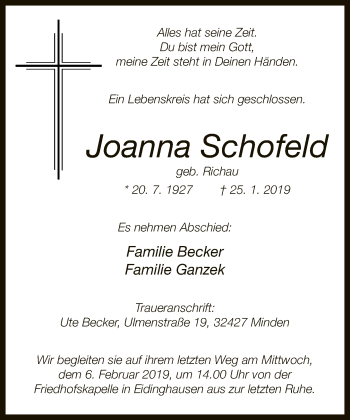 Traueranzeige von Joanna Schofeld