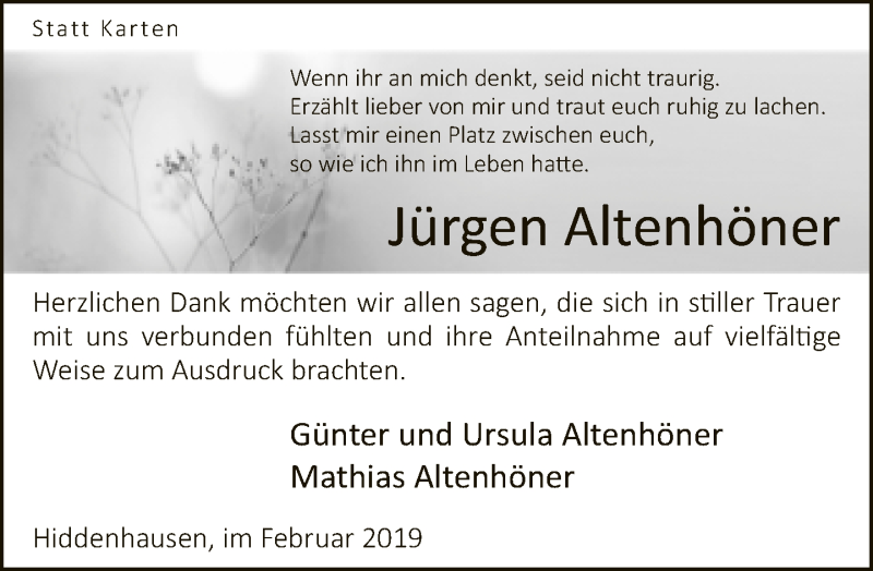 Traueranzeige für Jürgen Altenhöner vom 02.02.2019 aus Neue Westfälische
