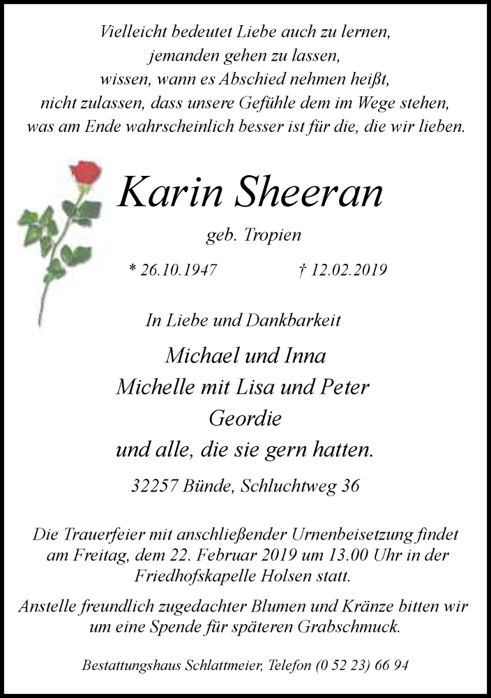  Traueranzeige für Karin Sheeran vom 16.02.2019 aus Neue Westfälische