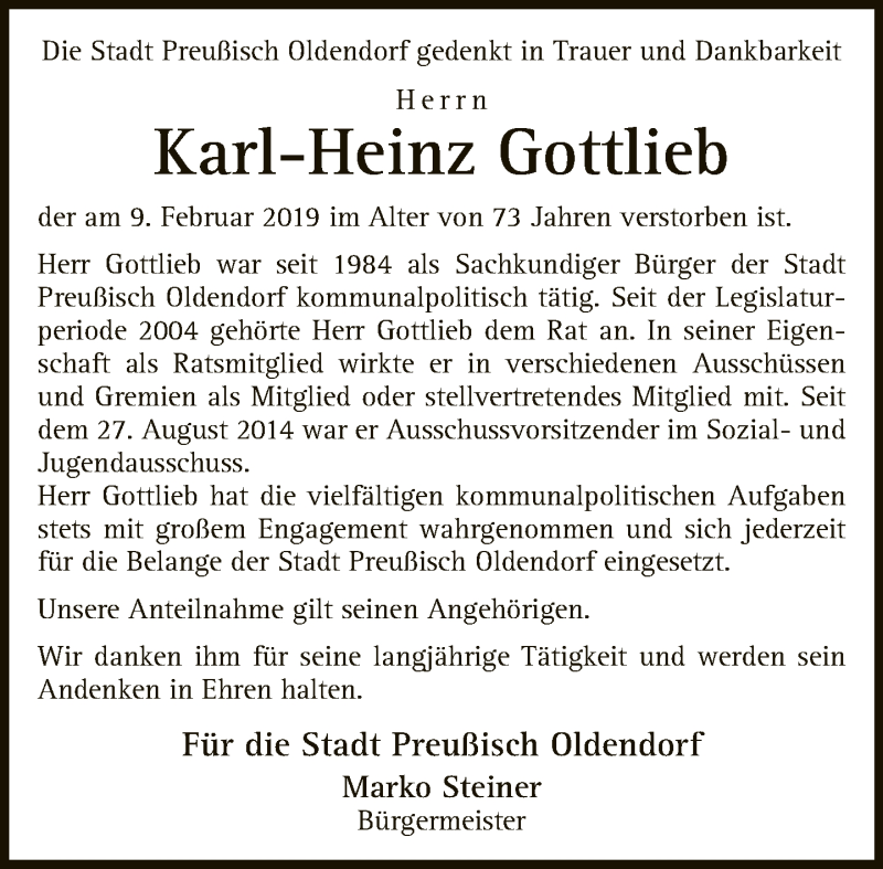  Traueranzeige für Karl-Heinz Gottlieb vom 14.02.2019 aus Neue Westfälische