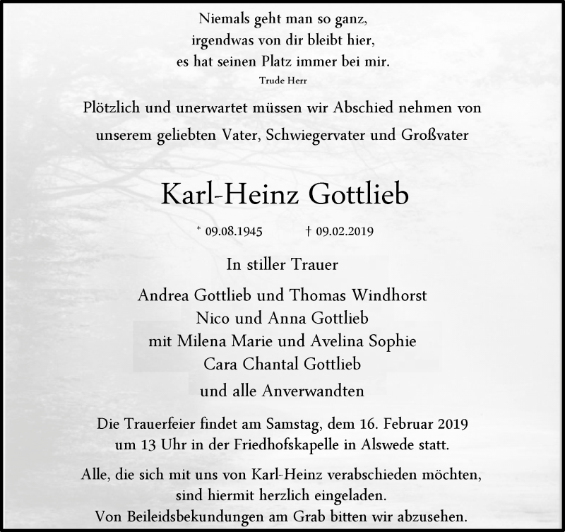  Traueranzeige für Karl-Heinz Gottlieb vom 13.02.2019 aus Neue Westfälische