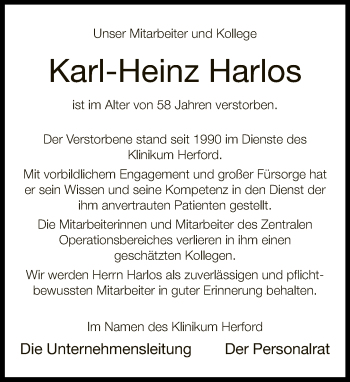 Traueranzeige von Karl-Heinz Harlos von Neue Westfälische