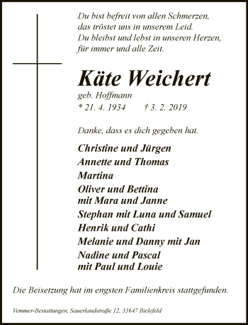 Traueranzeige von Käte Weichert von Neue Westfälische
