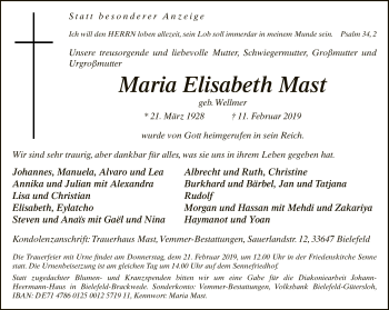 Traueranzeige von Maria Elisabeth Mast von Neue Westfälische