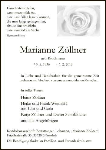 Traueranzeige von Marianne Zöllner von Neue Westfälische
