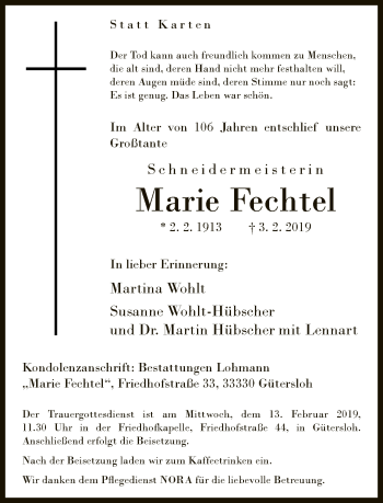 Traueranzeige von Marie Fechtel von Neue Westfälische