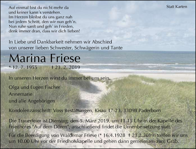  Traueranzeige für Marina Friese vom 27.02.2019 aus Neue Westfälische
