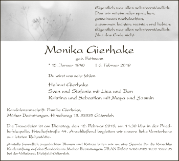 Traueranzeige von Monika Gierhake von Neue Westfälische