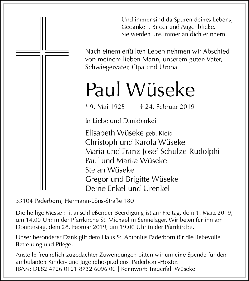  Traueranzeige für Paul Wüseke vom 27.02.2019 aus Neue Westfälische