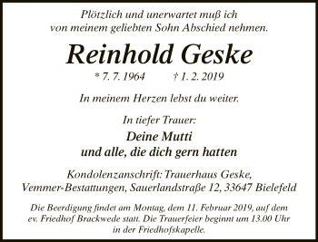 Traueranzeige von Reinhold Geske von Neue Westfälische