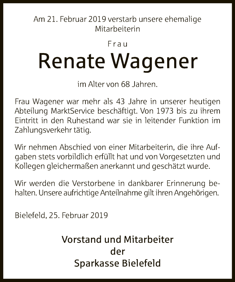  Traueranzeige für Renate Wagener vom 26.02.2019 aus Neue Westfälische