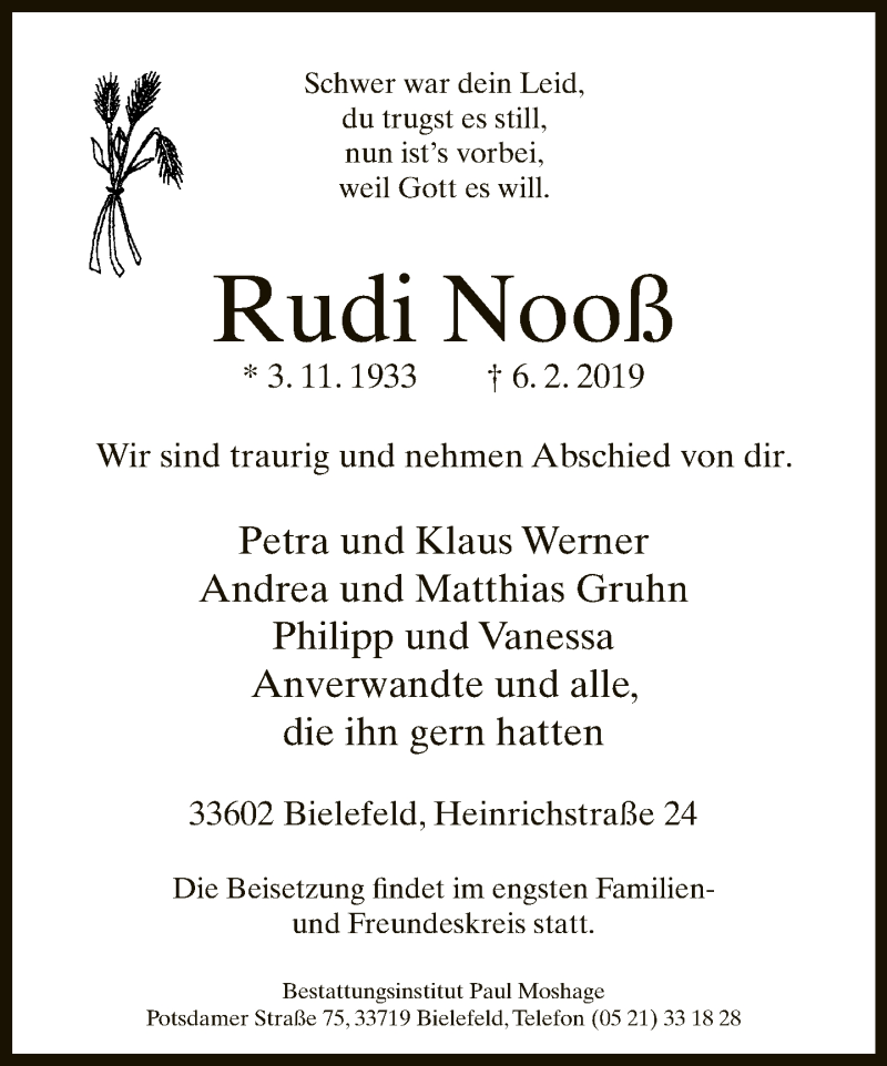  Traueranzeige für Rudi Nooß vom 09.02.2019 aus Neue Westfälische