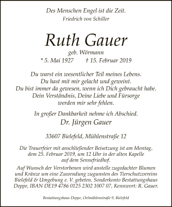 Traueranzeige von Ruth Gauer von Neue Westfälische