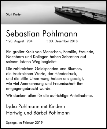 Traueranzeige von Sebastian Pohlmann von Neue Westfälische