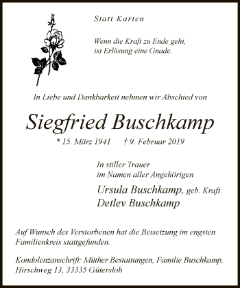 Traueranzeige von Siegfried Buschkamp von Neue Westfälische
