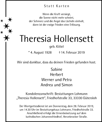 Traueranzeige von Theresia Hollensett von Neue Westfälische