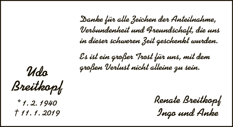  Traueranzeige für Udo Breitkopf vom 02.02.2019 aus Neue Westfälische