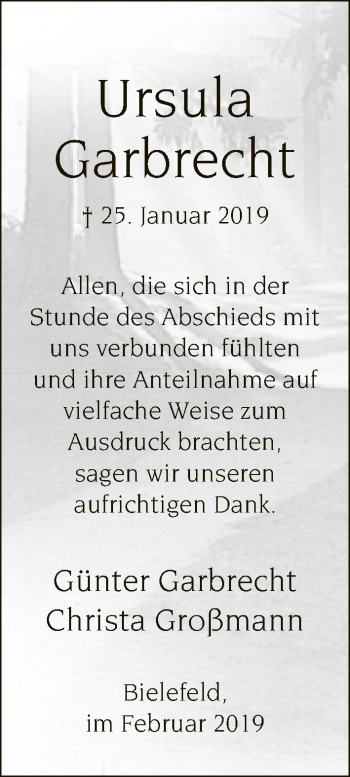 Traueranzeige von Ursula Garbrecht von Neue Westfälische