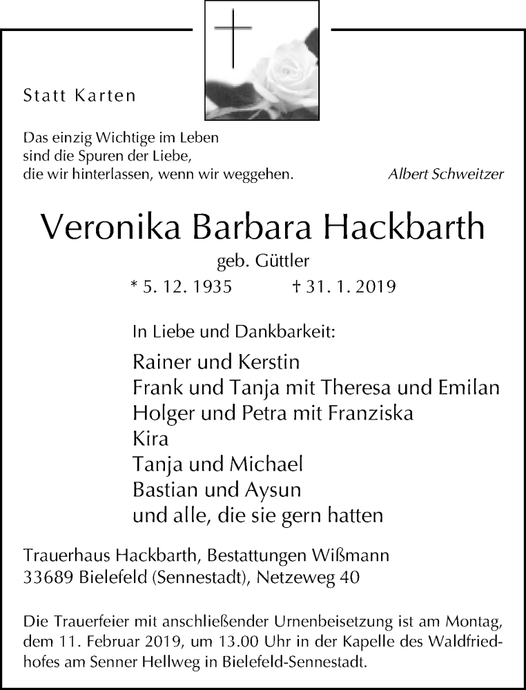  Traueranzeige für Veronika Barbara Hackbarth vom 02.02.2019 aus Neue Westfälische