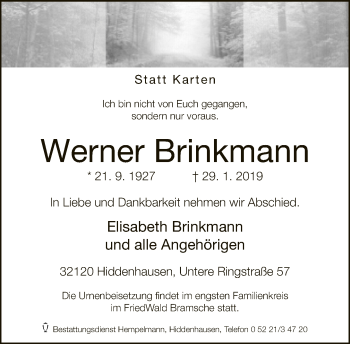 Traueranzeige von Werner Brinkmann von Neue Westfälische