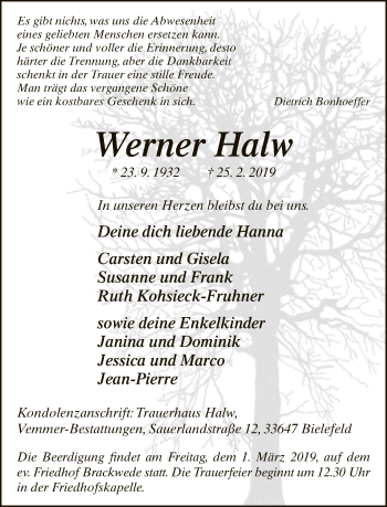 Traueranzeige von Werner Halw von Neue Westfälische