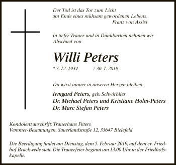 Traueranzeige von Willi Peters von Neue Westfälische