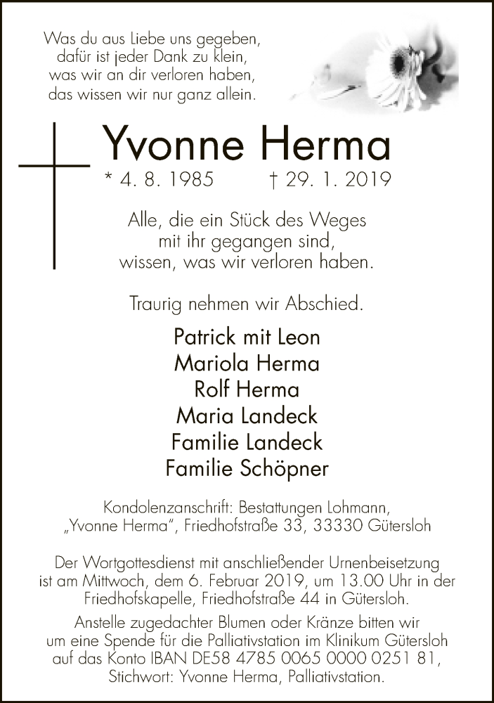  Traueranzeige für Yvonne Herma vom 02.02.2019 aus Neue Westfälische