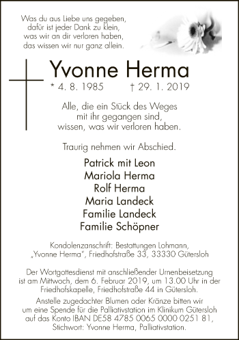 Traueranzeige von Yvonne Herma von Neue Westfälische