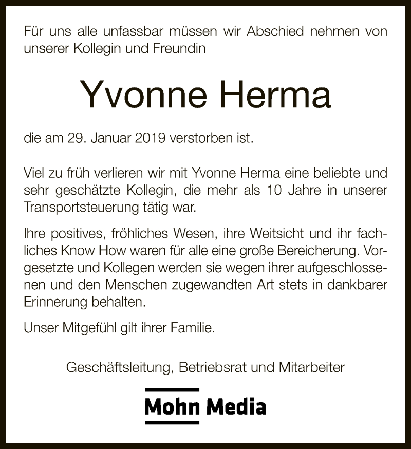  Traueranzeige für Yvonne Herma vom 04.02.2019 aus Neue Westfälische
