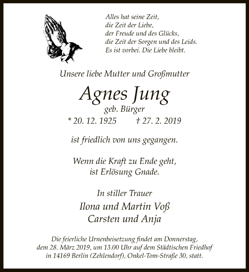  Traueranzeige für Agnes Jung vom 16.03.2019 aus Neue Westfälische