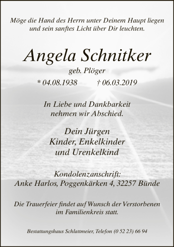 Traueranzeige von Angela Schnitker von Neue Westfälische