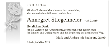 Traueranzeige von Annegret Stiegelmeier von Neue Westfälische