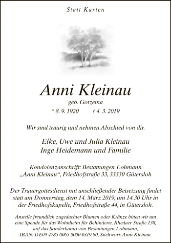 Traueranzeige von Anni Kleinau von Neue Westfälische
