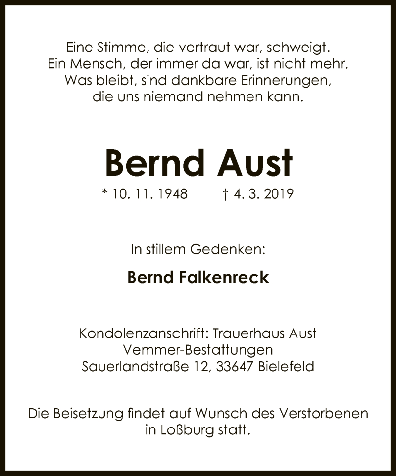  Traueranzeige für Bernd Aust vom 09.03.2019 aus Neue Westfälische