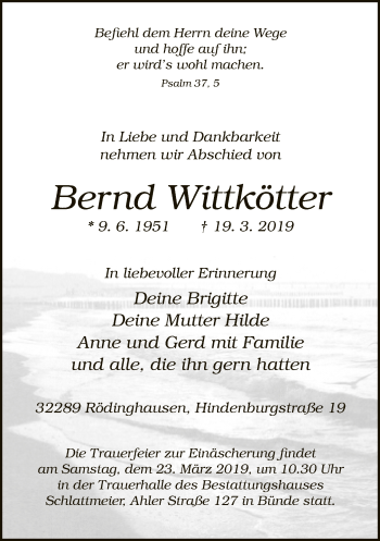 Traueranzeige von Bernd Wittkötter von Neue Westfälische