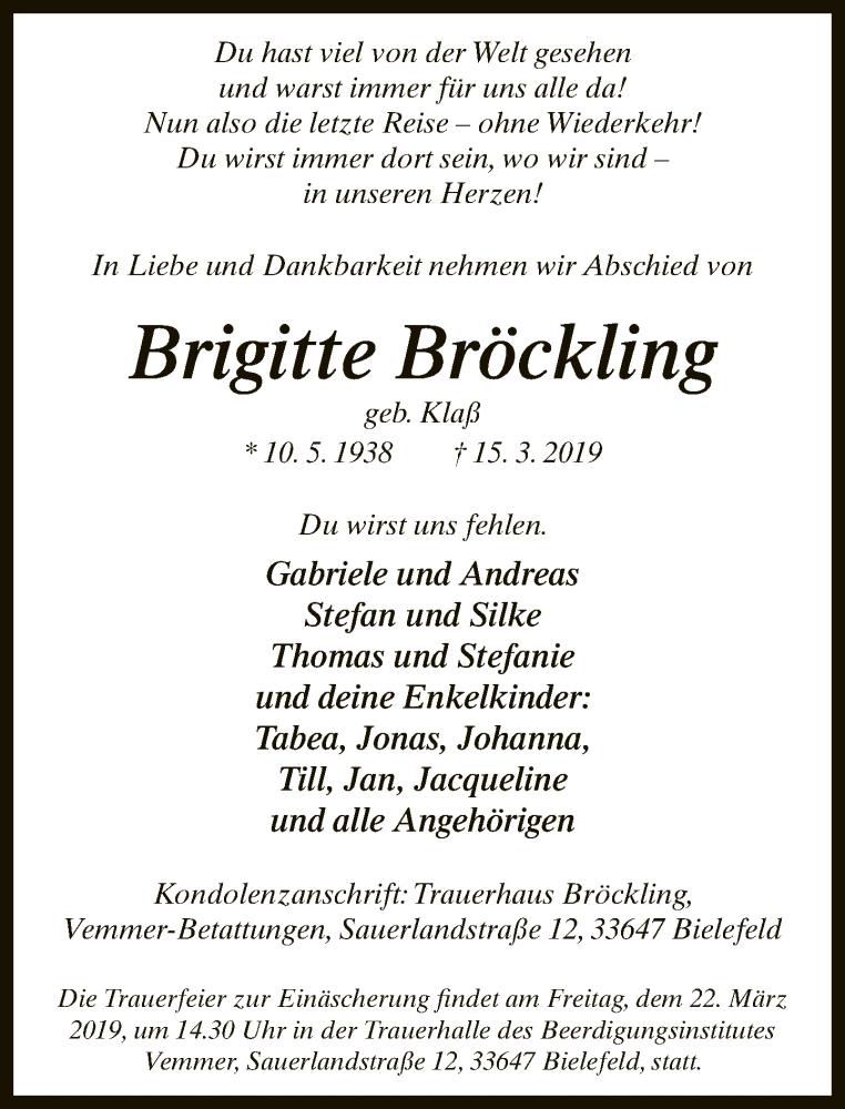  Traueranzeige für Brigitte Bröckling vom 20.03.2019 aus Neue Westfälische