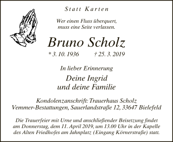Traueranzeige von Bruno Scholz von Neue Westfälische
