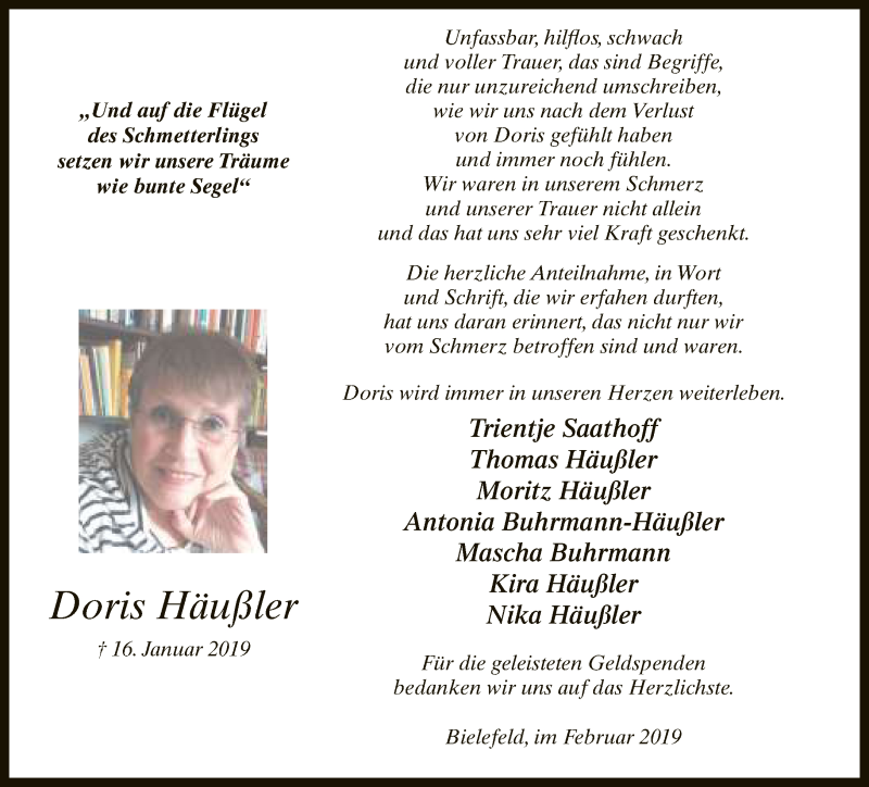  Traueranzeige für Doris Häußler vom 02.03.2019 aus Neue Westfälische