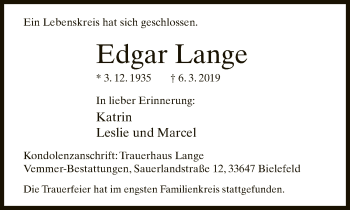 Traueranzeige von Edgar Lange von Neue Westfälische
