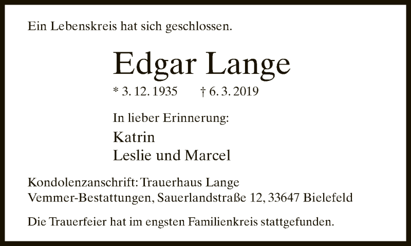  Traueranzeige für Edgar Lange vom 16.03.2019 aus Neue Westfälische