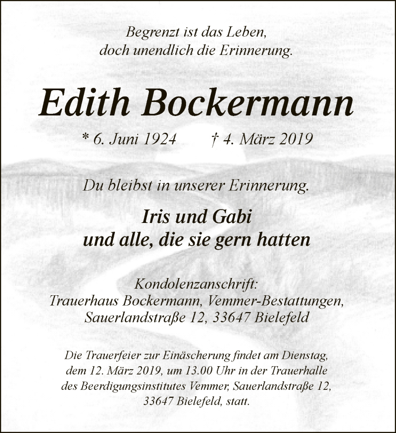  Traueranzeige für Edith Bockermann vom 09.03.2019 aus Neue Westfälische