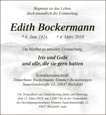 Traueranzeige von Edith Bockermann von Neue Westfälische