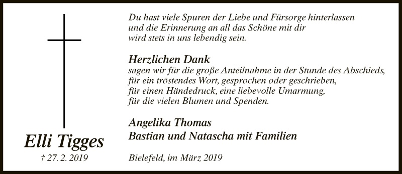  Traueranzeige für Elli Tigges vom 30.03.2019 aus Neue Westfälische