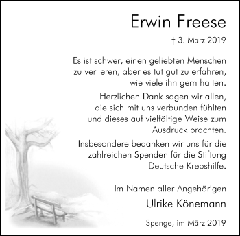 Traueranzeige von Erwin Freese von Neue Westfälische