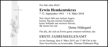 Traueranzeige von Erwin Hemkentokrax von Neue Westfälische