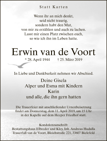 Traueranzeige von Erwin  van de Voort von Neue Westfälische
