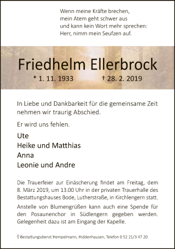 Traueranzeige von Friedhelm Ellerbrock von Neue Westfälische
