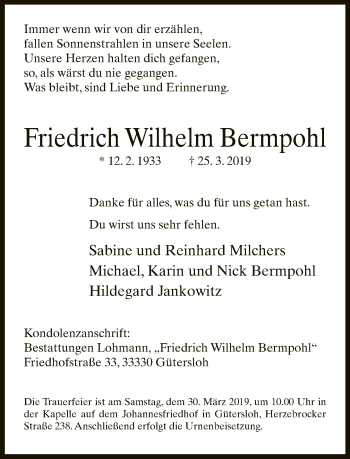Traueranzeige von Friedrich Wilhelm Bermpohl von Neue Westfälische