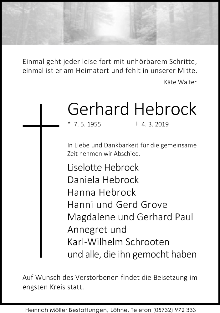  Traueranzeige für Gerhard Hebrock vom 09.03.2019 aus Neue Westfälische