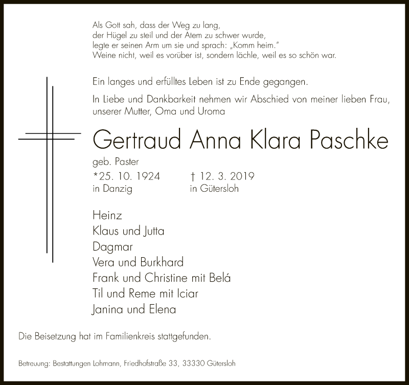  Traueranzeige für Gertraud Anna Klara Paschke vom 25.03.2019 aus Neue Westfälische